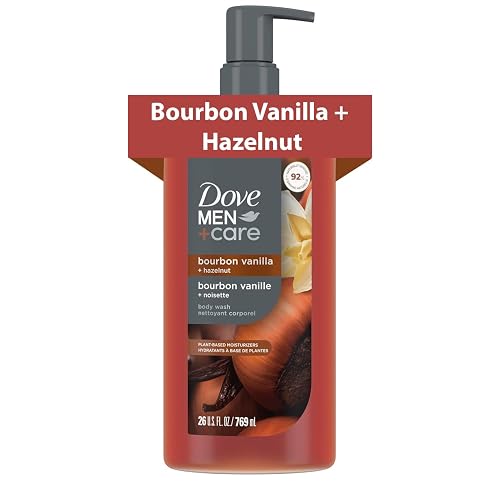 DOVE MEN Moisturizing Body Wash for Men, Bourbon Vanilla + Hazelnut, 26oz | Plant-Based Cleansers, Sulfate, Paraben and Dye Free, Strengthens the Skin Barrier, Warm Vanilla and Hazelnut Scent