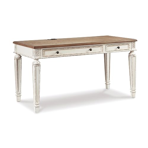 Signature Design by Ashley 60" Farmhouse Home Office Desk, Chipped White | Two-tone distressed finish, Wood and engineered wood, Built-in power, USB charging, Cottage writing desk, Realyn Series