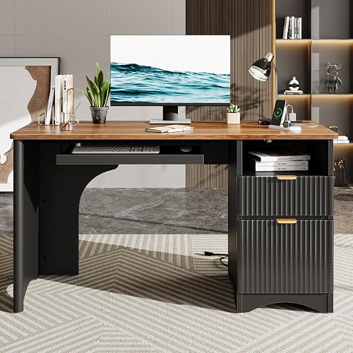 Bestier Computer Desk with Keyboard Tray, 55 inch Office Desk with Power Outlet, Modern Home Office Desk with File Drawer (Walnut with Black, 55" W with Single-Sided Drawers)