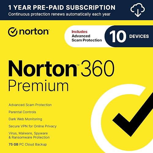 Norton 360 Premium 2027 Antivirus, 10 Devices, Auto-Renews [Download] | Includes Scam Protection, Advanced VPN, Dark Web Monitoring, & PC Cloud Backup