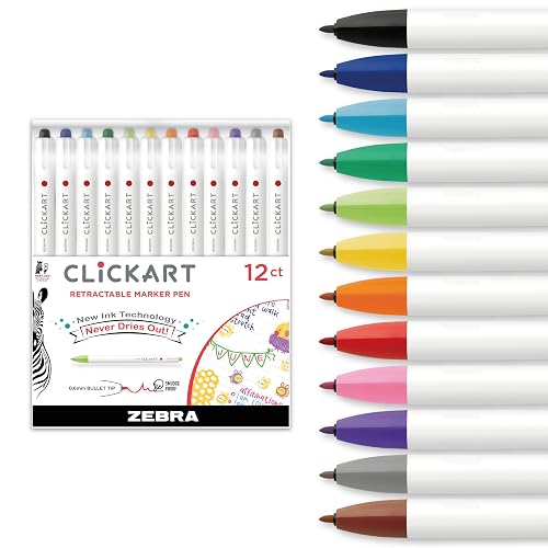 Zebra Pen CLiCKART No Bleed Felt Tip Pen, Assorted Ink, 0.6mm, 12-Pack