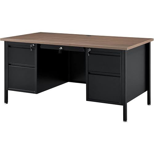 Global Industrial 60" W x 30" D x 30-1/2"H Steel Teacher's Desk, Walnut Top with Black Frame, Double Pedestal Desk with Center Drawer, 4 Locking Box/Box Drawers