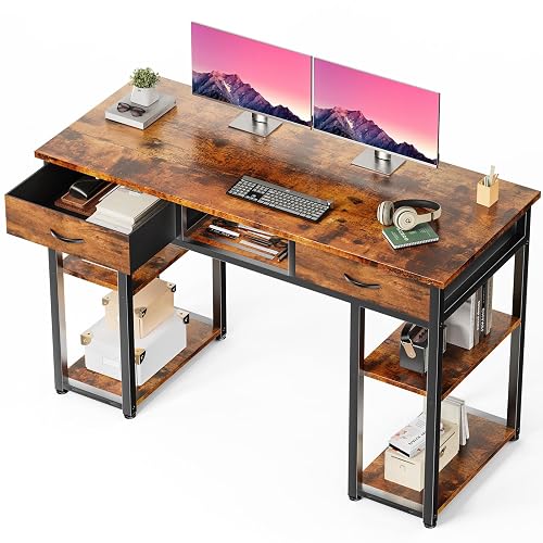 HAPPYMONT 48" Computer Desk with Drawers and Storage Bag, Brown | Home Office Desk with Headphone Hook and Adjustable Feet for Writing Study and Gaming