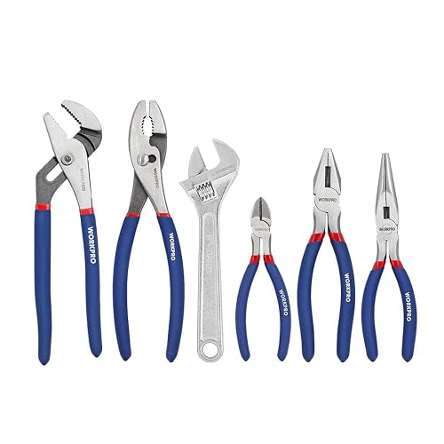 WORKPRO Large Pliers & Wrench Set 6-Piece (10" Water Pump, 10" Slip Joint, 8" Long Nose, 8" Linesman, 6" Diagonal, 8" Adjustable Wrench) for DIY & Home Use, W001329A