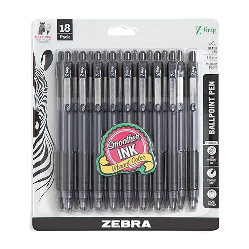 Zebra Pen Z-Grip Retractable Ballpoint Pen, Black Ink, 1.0mm, 18-Pack | Smooth Writing, Medium Point Tip, Ideal for Planners, Note-Taking, School and Office Supplies, and Everyday Writing (22218)