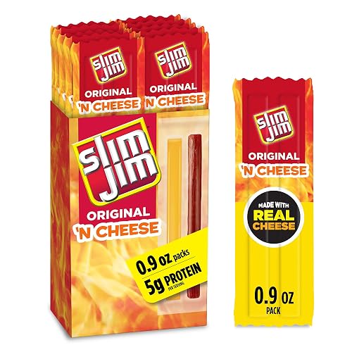 Slim Jim Smoked Jerky Meat Snack Sticks & Cheese, Original, 0.9 oz., 10-ct | 5g protein per serving; Original flavor; made with real cheese; great on-the-go snack for road trips & lunchboxes