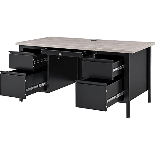 Global Industrial 60" W x 30" D x 30-1/2"H Steel Teacher's Desk, Gray Top with Black Frame, Double Pedestal Desk with Center Drawer, 4 Locking Box/Box Drawers