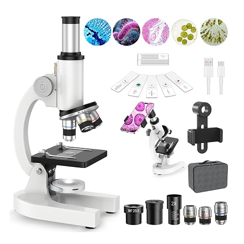 2000X Microscope for Kids Adults Beginner: Compound Monocular Microscope | Science Discovery Biology Microscopio Kits for Lab Home School with Slides, Phone Holder, Metal Frame Edu Gift For Kids 8-12