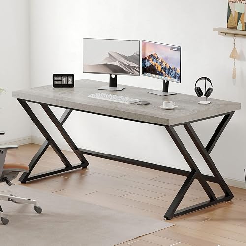 LVB Grey Modern Computer Office Desk Metal & Wood Writing Desks 47 Inch | Gray Work Study Gaming Table for Home Office Bedroom Wooden Executive PC Desk Student Workstation