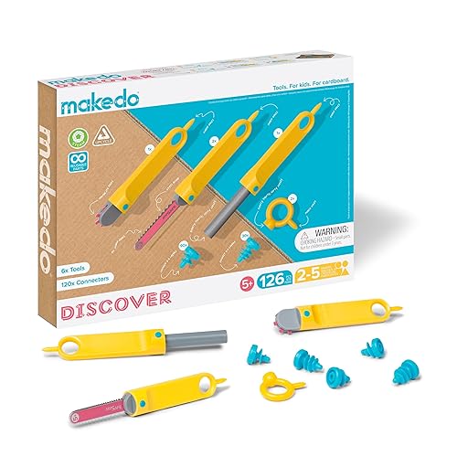 Makedo Discover | Safe Cardboard Construction Tool Kit for Kids, 126 Pieces | STEM + STEAM Educational Toy for 1-5 Makers | Safe, Reusable Cardboard Tools for Home Play and Classroom Learning | Age 5+