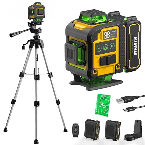 Alloyman Laser Level with Tripod, Laser Level 4× 360° Self Leveling | Green Line Lazer Leveler Tool with with 2Pcs Lithium Batteries, Ideal for Picture Hanging, Tile, Home Renovation, Indoor