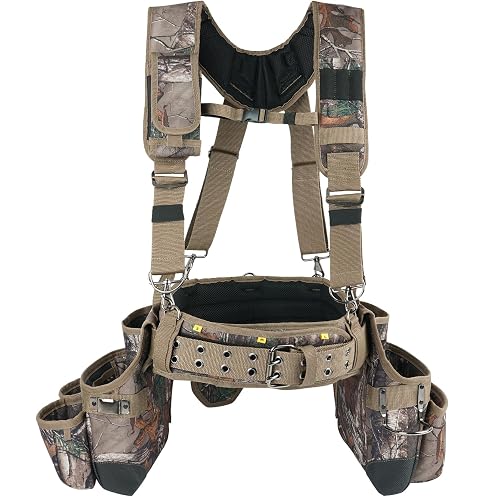 MELOTOUGH Camo Tool Belt with Suspenders Camouflage Tool Bag Supenders Framers Comb Apron Tool Belt Construction Tool Pouch Suspenders Heavy Duty Carpenter Suspension Rig for Electrician