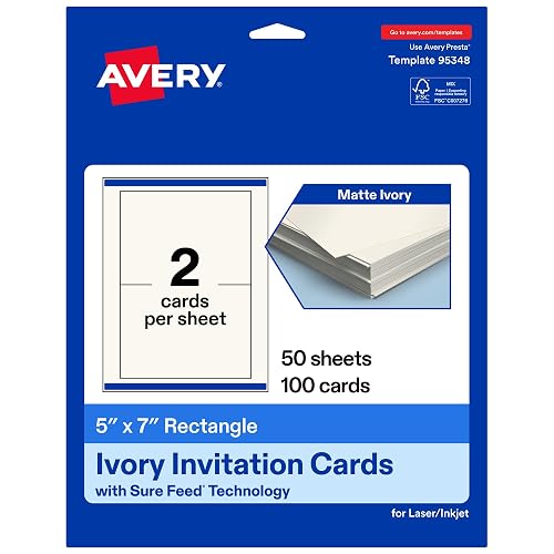 Avery® Printable Rectangle Cards, Sure Feed® Technology, 5" x 7", Matte Ivory Cardstock, Laser/Inkjet Printable, 100 Total, Great for Invitations and Thank You Messages