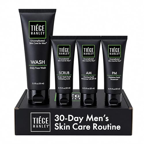 Tiege Hanley Essential Men's Skin Care Set, 30-Day, 4 Piece Kit | Level 1 Essential Routine, Daily Face Wash, Facial Scrub, AM SPF & PM Moisturizers