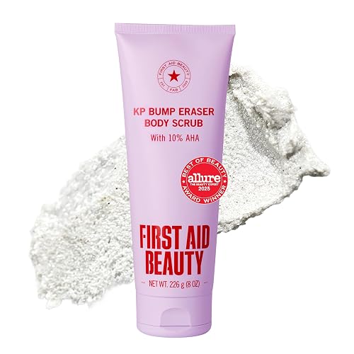 First Aid Beauty KP Bump Eraser Scrub, 10% AHA, Sensitive Skin | Dermatologist-Tested Keratosis Pilaris Exfoliator for Rough Bumps, Uneven Texture & Strawberry Skin, No Artificial Fragrance