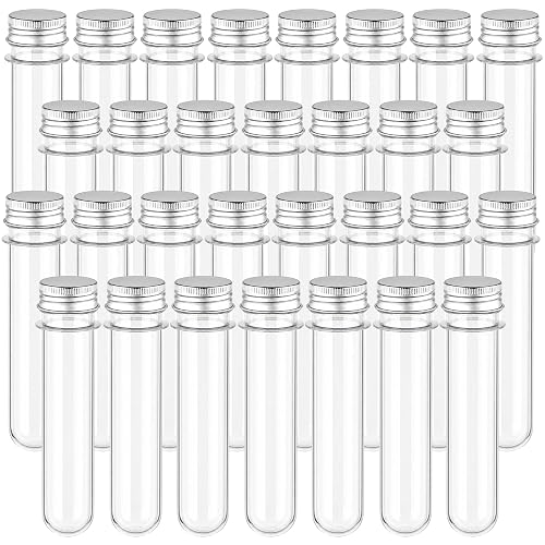 Tsinjyo 30 Pcs 45ml Clear Plastic Test Tubes with Screw Caps, Round Bottom Tube for Science Experiments, Candy Storage, Bath Salts, Party Favors, Beads Display & Lab Use