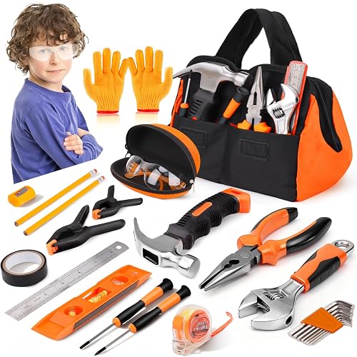 Basytodio 27-Piece Orange Kids Tool Set Real for Boys Age 6-8 8-12 | Child Tool Kit With Storage Bag, Construction Building & Woodworking, Christmas Birthday Gifts for Boy Toys 6 7 8 9+ Year Old