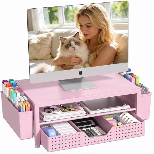 OPNICE Desk Organizers and Accessories, Computer Monitor Stand Riser with Drawer and 2 Pen Holders, Printer & Laptop Stand, Office Desk Accessories & Workspace Organizers for Home Office Supplies, Pink