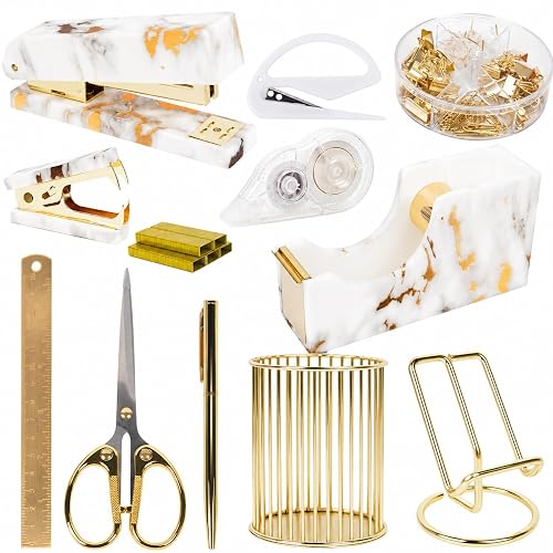 Office Desk Supplies Accessories Women - Women Marble Desk Decor Set Gold | 13 Pcs Aesthetic Classroom Stationery Essentials, Stapler Tape Dispenser Pen Organizer Staple Remover Kit, Acrylic Work Stuff