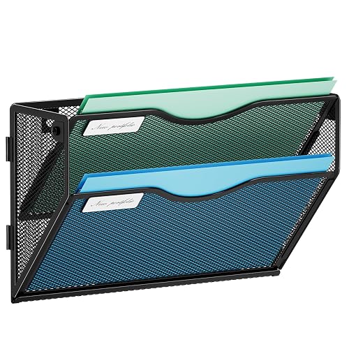 Marbrasse Wall File Holder 2-Tier Hanging Wall File Organizer, Mesh Mail Holder for Papers, Wall Mount File Clipboard & Magazine Organizer Great for Office Home (Black)