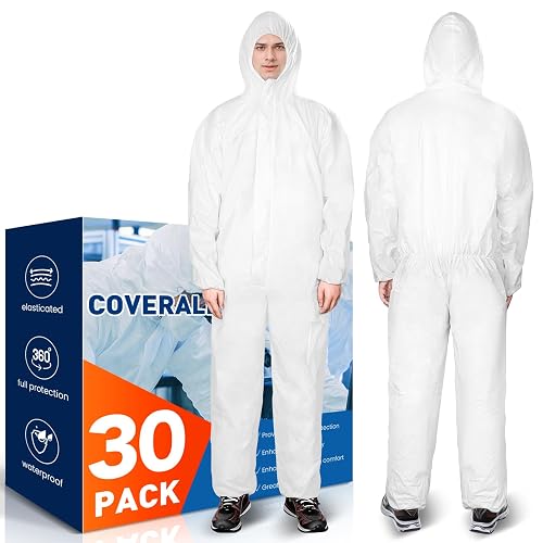 CAREGY Hazmat Suits 30 Pack Disposable Protective Coveralls | Full Body Painters Suit for Men & Women with Elastic Wrists, Ankles and Hood, Available in 6 sizes-2X-Large
