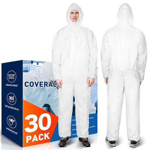 CAREGY 30 Pack Hazmat Suits Disposable Protective Coveralls, | Full Body Painters Suit for Men & Women with Elastic Wrists, Ankles and Hood, Available in 6 sizes-Medium