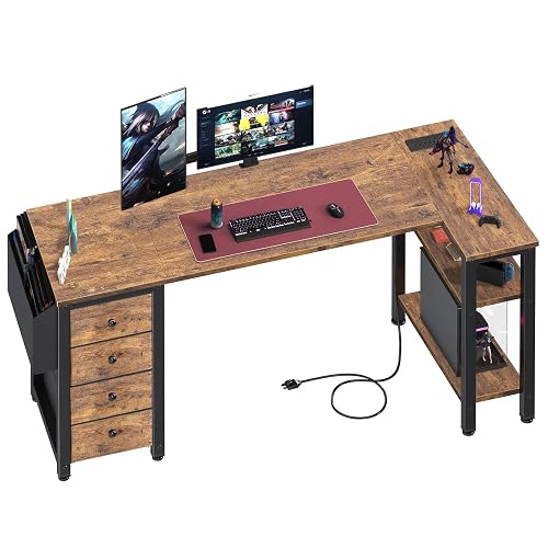 Lufeiya L Shaped Computer Desk with Drawers & Storage Shelves, 55 Inch Corner Desk with Power Outlet for Home Office Bedroom, L-Shaped Teen PC Gaming Desks with Fabric Drawer, Rustic Brown