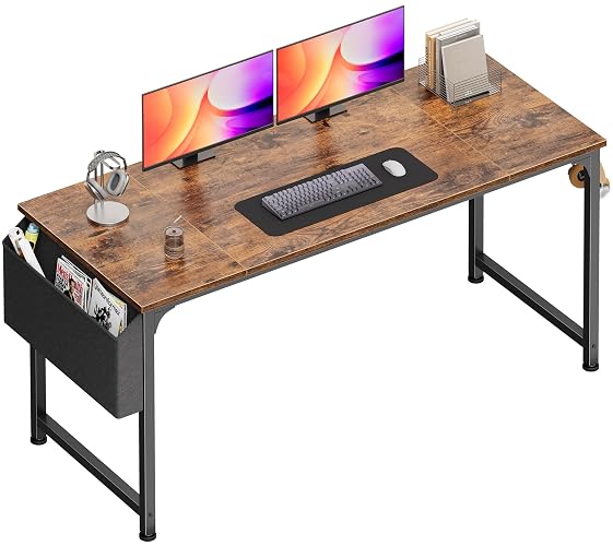 PRAISUN 55''  Computer Desk with Fabric Storage Bag & 2 Hooks | Office Desk with Durable Desktop, Large Gaming Desk, Writing Work Study Desk for Bedroom, Home Office, Rustic Brown