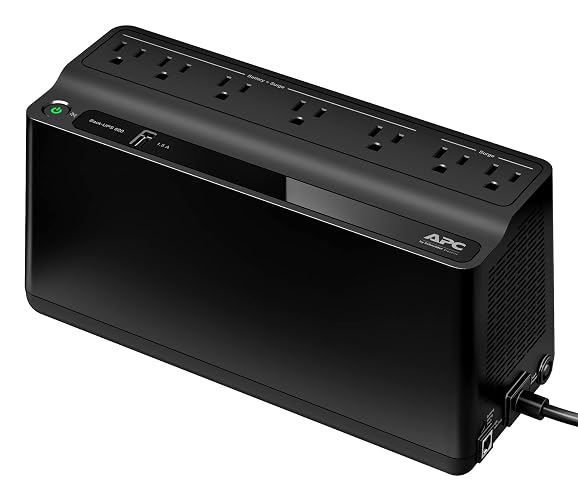 APC BE600M1 UPS Battery Backup & Surge Protector for Computer, Router, NAS | 600VA/330W backup battery power supply, USB charging, 490 J surge protect. Power through utility outages (23 minutes @ 100W)