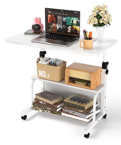 QZMDSM Portable Rolling Desk on Wheels | Adjustable Height Desks for Small Spaces, 32" Computer Desk with Storage Shelves for Home Office White
