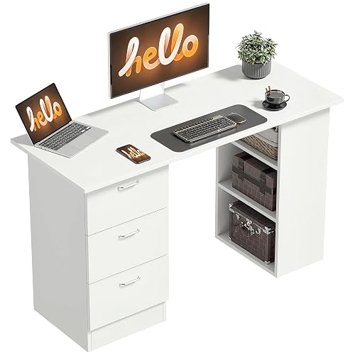 HOMCOM 47" Computer Desk with Drawers for Home Office, White | Desk with Storage, 3-Tier Shelves, 3 Reversible Drawers, Study Table, for Bedroom