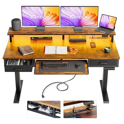 AODK 55 Inch Standing Desk with Drawers & Keyboard Tray, Rustic Brown | Power Outlet, LED Lights, Monitor Stand, Cable Management Tray, 3 Memory Heights