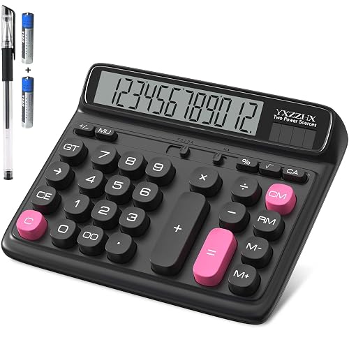 Desktop Calculator with Extra Large 5-Inch LCD Display, 12-Digit Two Way Power Solar & Battery Office Calculator with Big Buttons for Business, Accounting & Home Use(Black)