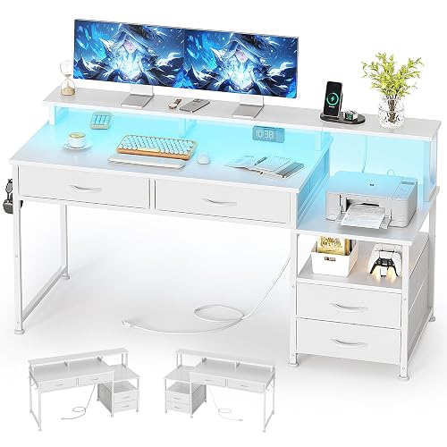 MUTUN 53" Computer Desk with 4 Drawers & Power Outlets, Reversible Home Office Desk with Monitor Stand & Printer Stand, Gaming Desk with Led Lights, Study Writing Work Desk Table for Bedroom (White)