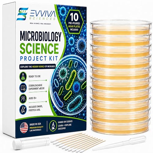 Evviva Sciences Microbiology Science Project Kit, Pre-Poured Agar Plates for Students, Agar Petri Dishes to Learn Microbiology, with Educational Experiment eBook