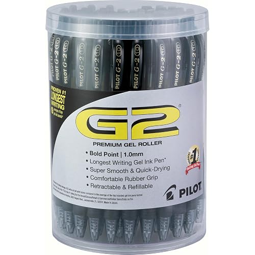 PILOT G2 Premium Gel Pens, Black Pens, Bold Point 1.0 mm, Tub of 48 | Longest writing gel ink pen, super smooth & quick-drying, comfortable rubber grip, retractable and refillable fine point pen