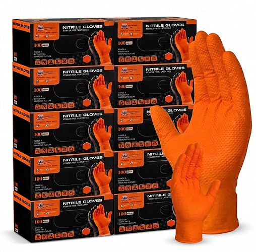 Supply Lane 10 Mil Nitrile Gloves, Diamond Grip, Powder Free, Latex Free, Orange/Black, 100/1000 Count, Industrial Use