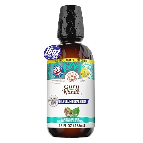 GuruNanda Coconut Oil Pulling Mouthwash with Vitamins, Farmed Mint, 16 oz | Oil Pulling Mouth Wash with 7 Essential Oils|100% Oil, No Water|Fluoride & Alcohol Free|Fresh Breath & Gum Health