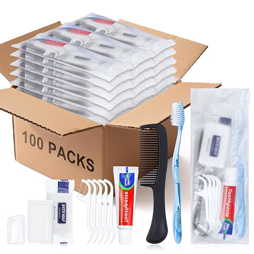 HQSLsund 100 Set Personal Hygiene Kit Basic Toiletry Kits Homeless Supplies | Bulk for Women,Men,Travel,Charity,Business Include 100 Toothbrush,100 Toothpaste,100 Comb,100 Bath Soap,500 Floss Pick