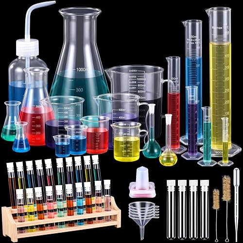 Kingdder 58 Pcs Plastic Beakers Test Tubes with Rack, Graduated Cylinder | Includes 10 Droppers, 5 Funnels, 2 Cleaning Brushes, Wash Bottle, Clear Plastic for Home Science Lab, STEM Projects