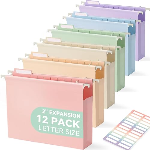 SortRax Plastic Hanging File Folders, 2" Expansion, Letter Size, Pastel | Extra Capacity for Bulky Files, Sturdy Plastic, Fully Enclosed Sides, Insertable 1/5-Cut Tabs, 12-Pack for Filing Cabinets