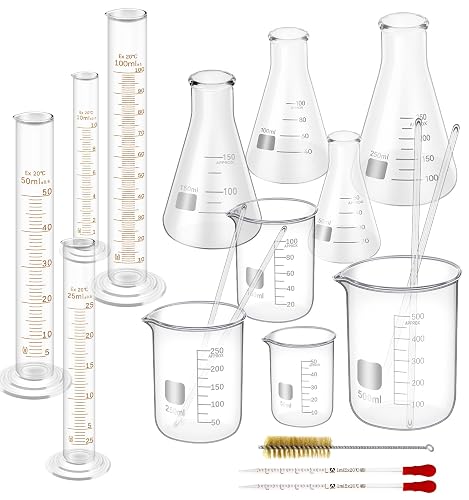 FOUR E'S SCIENTIFIC Glass Beaker Set, 19-Piece Labware Kit | Glass Beaker 50/100/250/500mL, Flask 50/100/150/250mL, Cylinder 10/25/50/100mL, Droppers, and 4 Stirring Rods