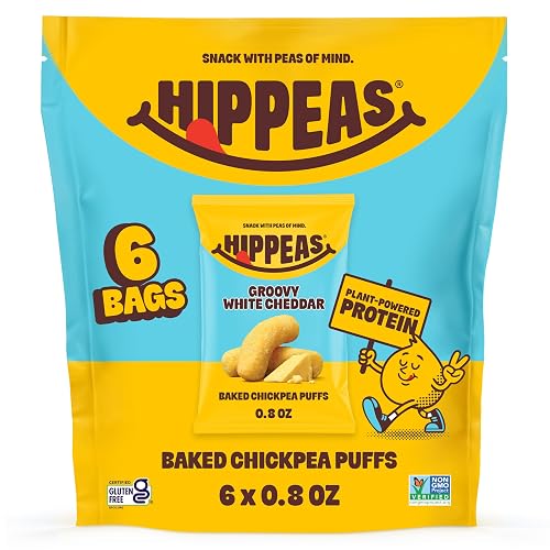 HIPPEAS Chickpea Puffs, Groovy White Cheddar, Gluten Free Snacks, Dairy Free, Vegan, 0.8oz, Pack of 6, 3g Protein, 2g Fiber, Crunchy, Nutritious, Baked Plant Protein Snack, Non-GMO, Kosher