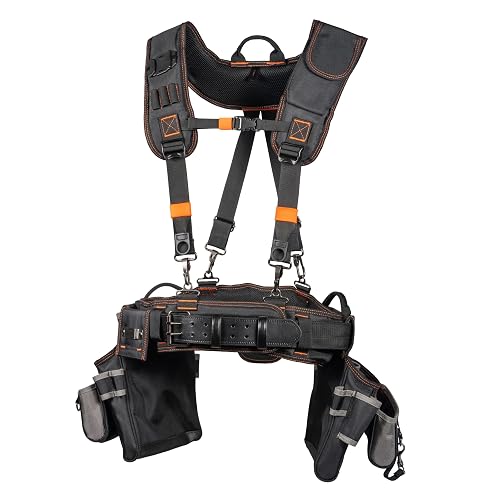 Klein Tools 55896 Tool Rig with Padded Tool Belt for 30 to 52-Inch Waist | Padded Tool Belt, Suspenders and Pouches with 23 Pockets, for Carpenters, Electricians, Construction