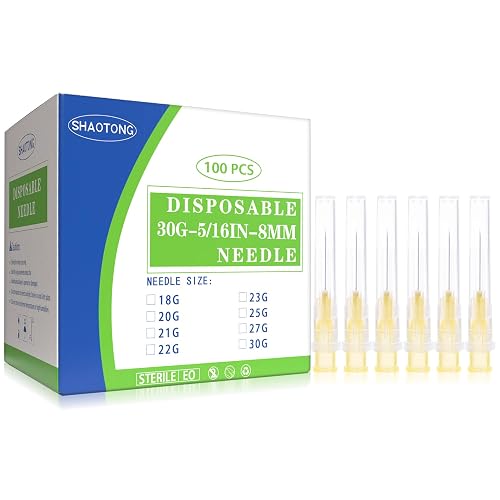 30 Gauge 5/16 Inch Needles Luer Lock Disposable Lab Supplies, Pack of 100 | SHAOTONG 30G 5/16” 8mm Needle with Cap for Liquids Measuring or Refilling, Sterile, Individually Wrapped