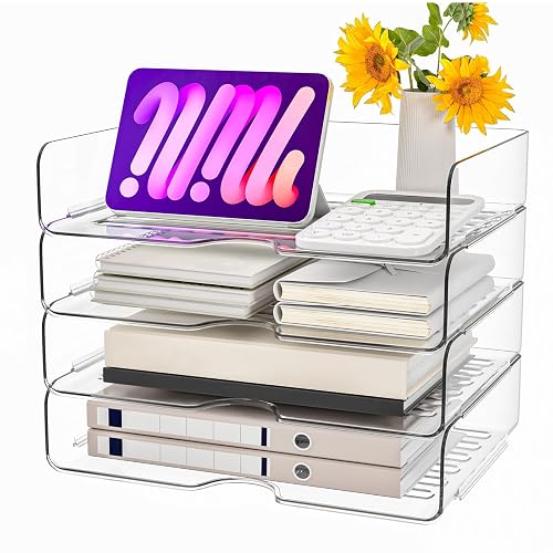 Paper Organizer Letter Tray, 4-Pack Acrylic File Organizer, Clear | Stackable, Versatile Desk document Organizer–A4 Paper, Documents, Letters, Books, Bills, iPad – Large Capacity, Home Office