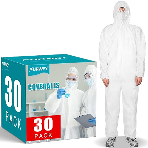 FURWEY Hazmat Suits,Disposable Coveralls 30 Pack, Full Body Protective,XL | Protective Coveralls, Breathable, Full Body Painters Suit, Elastic Wrists Ankles Hood, Men & Women, 6 Sizes