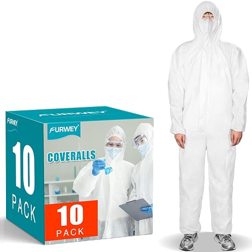 FURWEY Hazmat Suits Disposable Protective Coveralls, Sizes M-4XL, 10 Pack | Heavy Duty Full Body Painters Suit for Men & Women with Elastic Wrists, Ankles and Hood