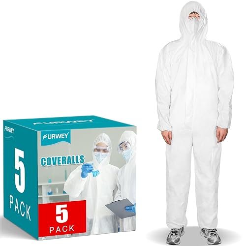 FURWEY Hazmat Suits Disposable Protective Coveralls, Sizes M-4XL, 5 Pack | Heavy Duty Full Body Painters Suit for Men & Women with Elastic Wrists, Ankles and Hood