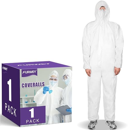 FURWEY Hazmat Suits Disposable Protective Coveralls, Sizes M-4XL, 10 Pack | Heavy Duty Full Body Painters Suit for Men & Women with Elastic Wrists, Ankles and Hood